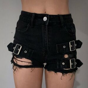 Buckle Distress Black Jean Shorts